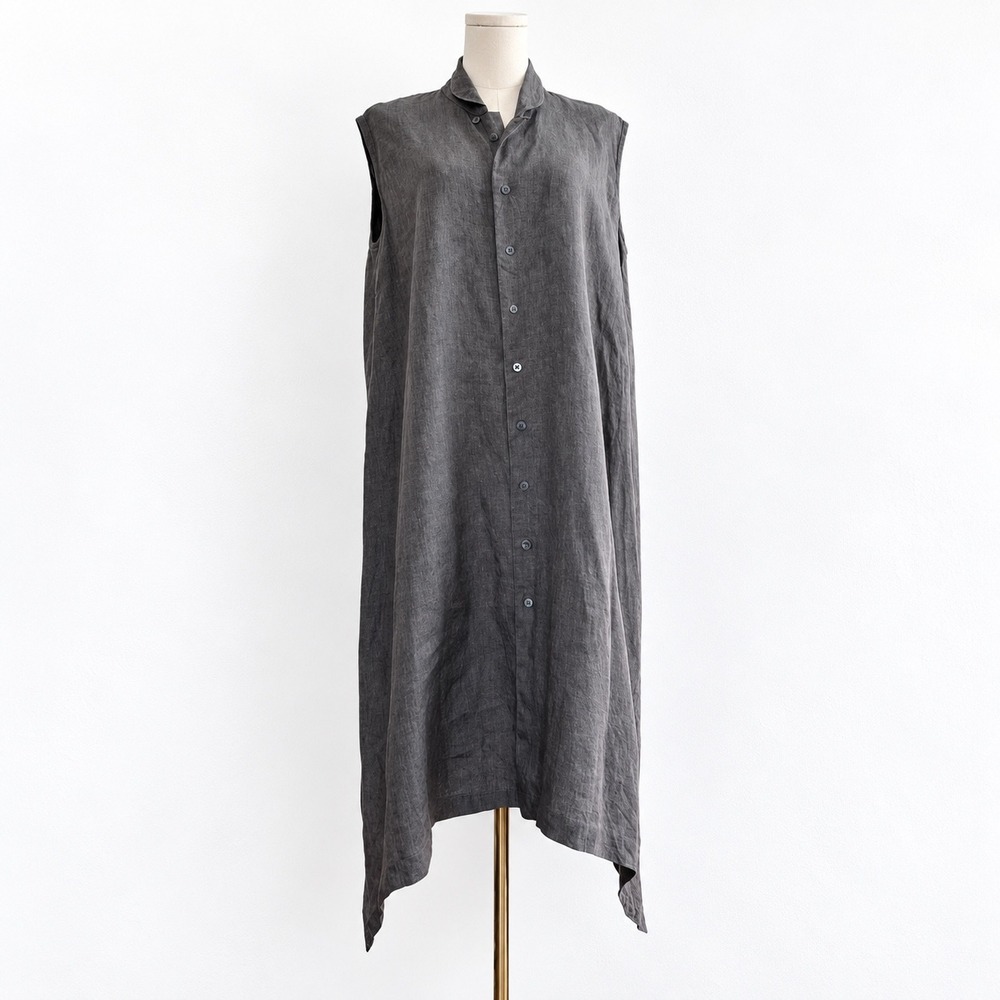 Eskandar Linen Sleeveless Maxi Shirt Dress Sz 1 M Lagenlook Quiet Luxury Asym